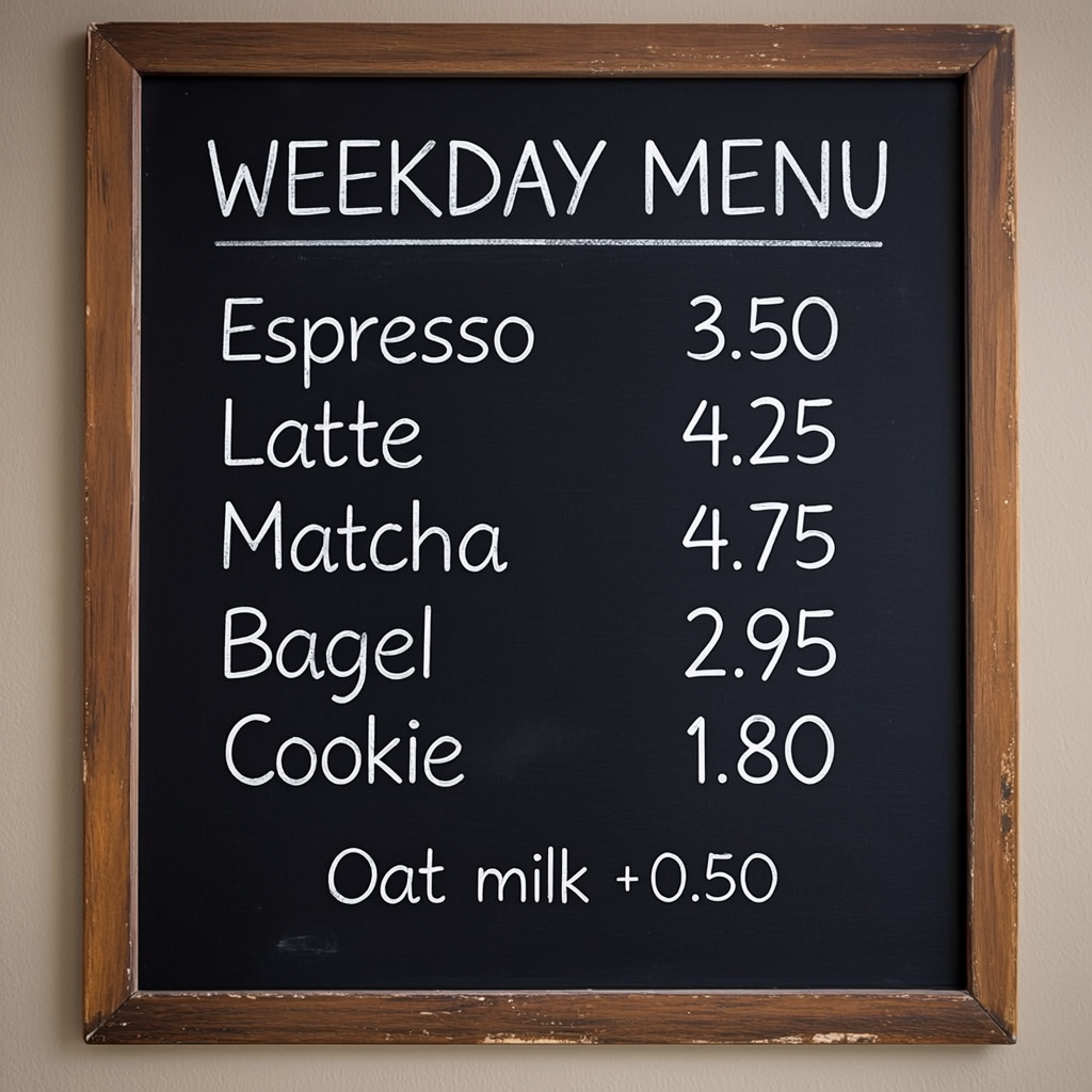 Chalkboard menu that reads WEEKDAY MENU with items and prices