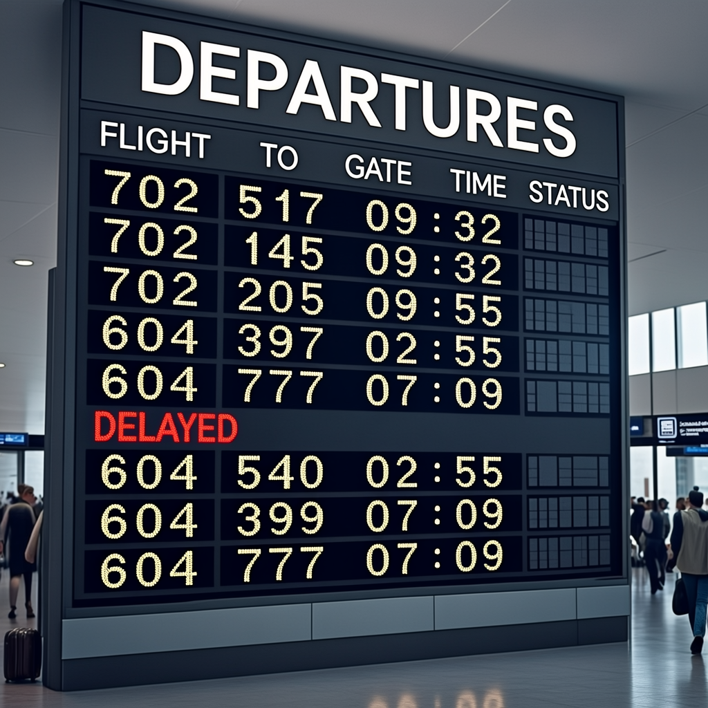 Airport departures board with rows of flights and a delayed status
