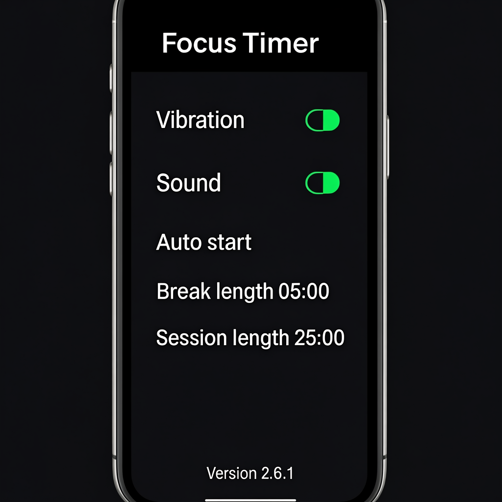 Dark mode Focus Timer settings screen with toggles and timer values
