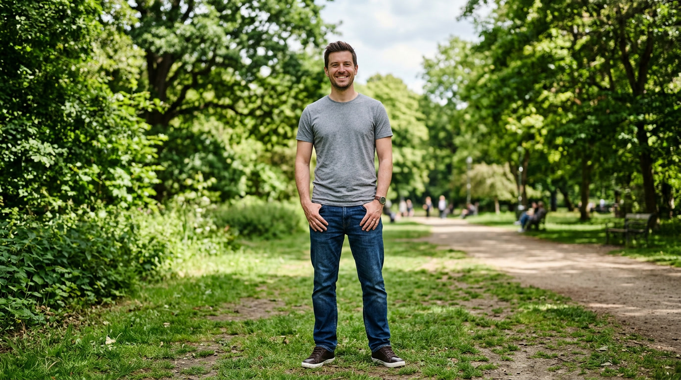 Man standing outdoors in a park path wearing casual clothing