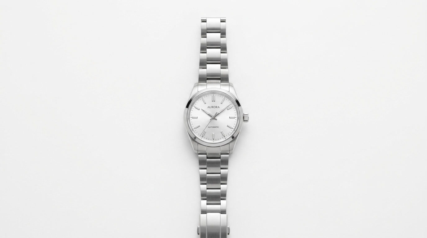 Stainless steel wristwatch on a white background