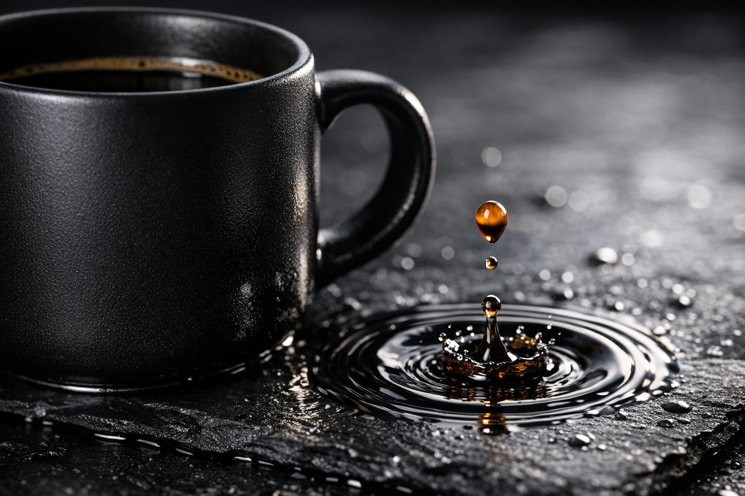 Macro product photo of a matte black coffee mug on wet slate with studio lighting