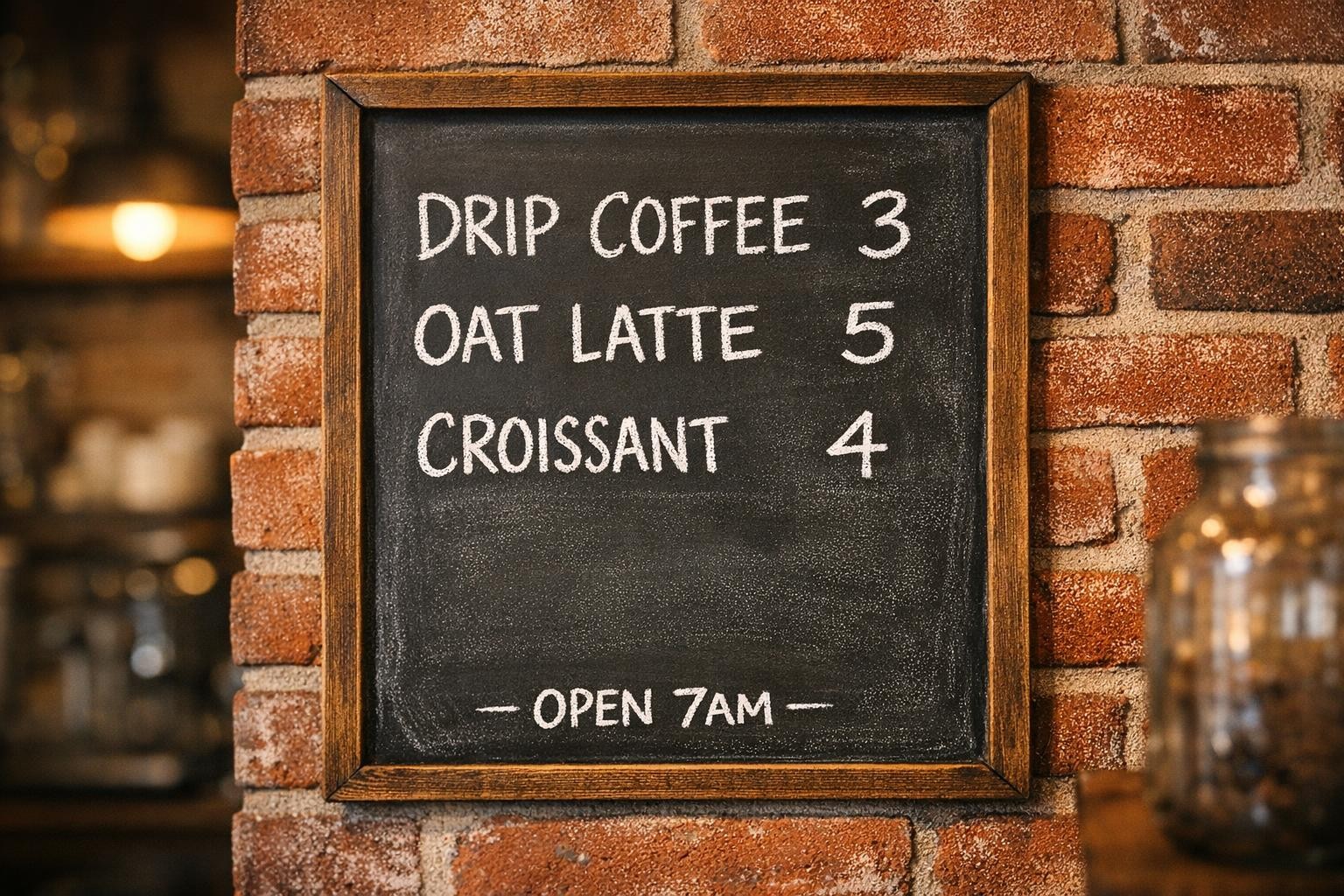 Coffee shop chalkboard menu on a brick wall with handwritten chalk text