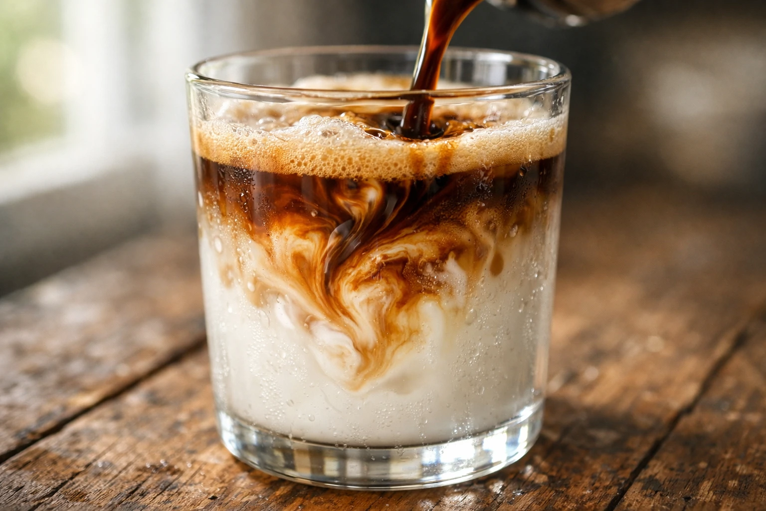 Macro photo of coffee being poured into milk creating swirling patterns in a glass