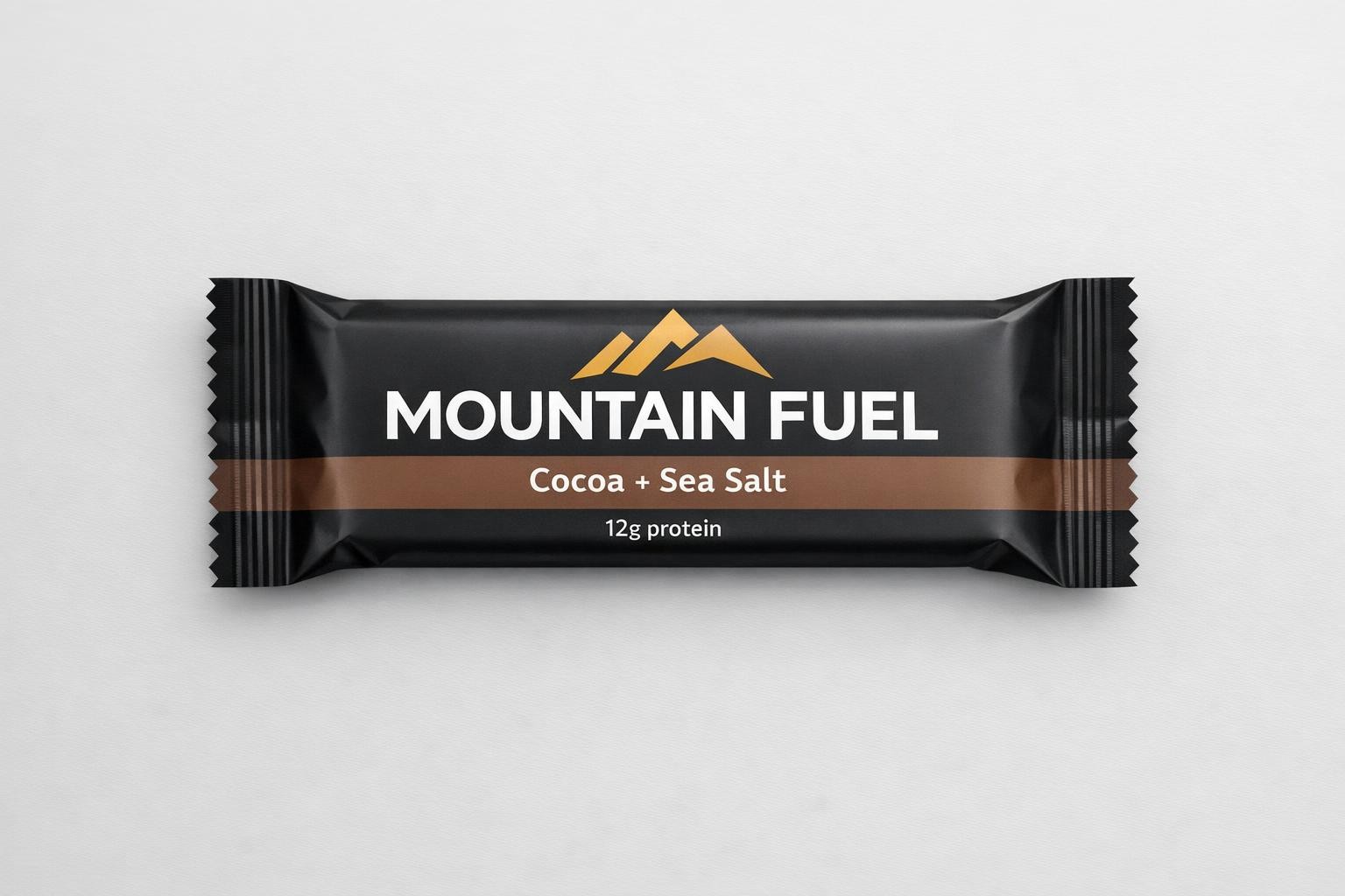 Protein bar wrapper mockup with modern typography on a light gray surface