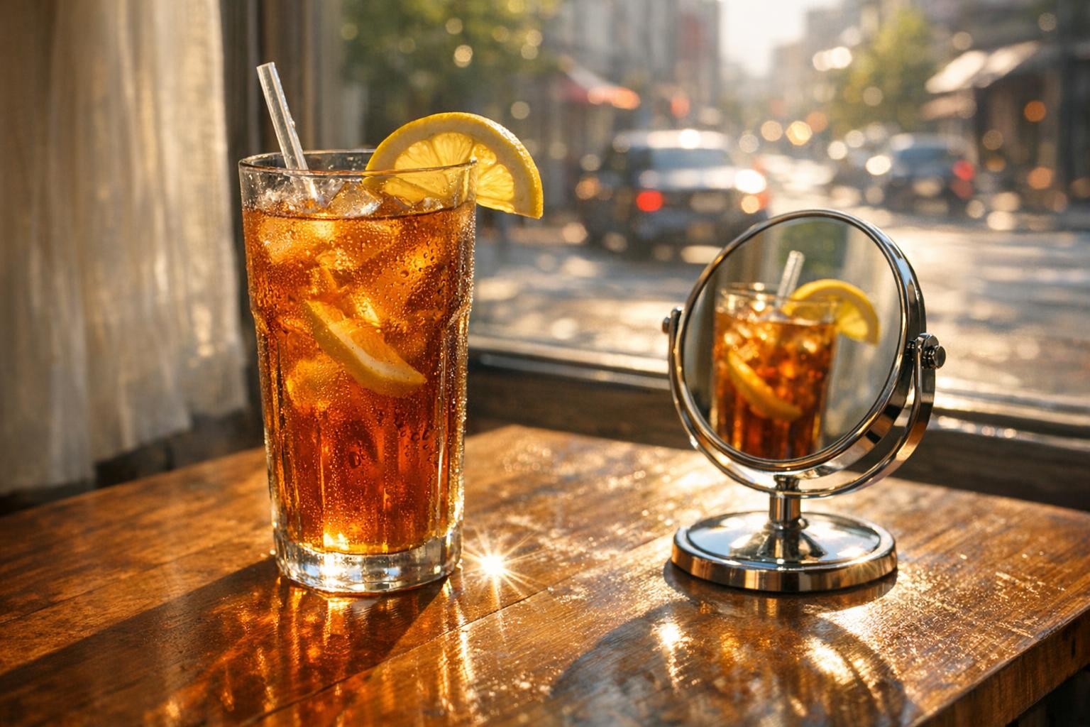 Photorealistic iced tea glass with condensation next to a small mirror and window bokeh