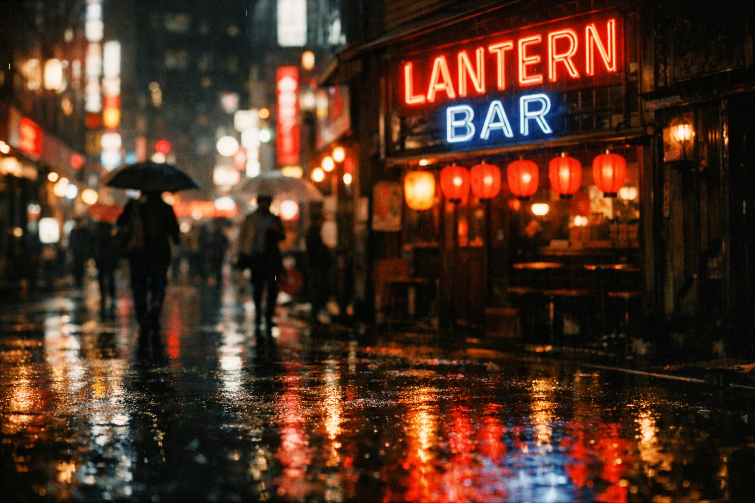 Rainy neon-lit street scene with a sign that reads LANTERN BAR