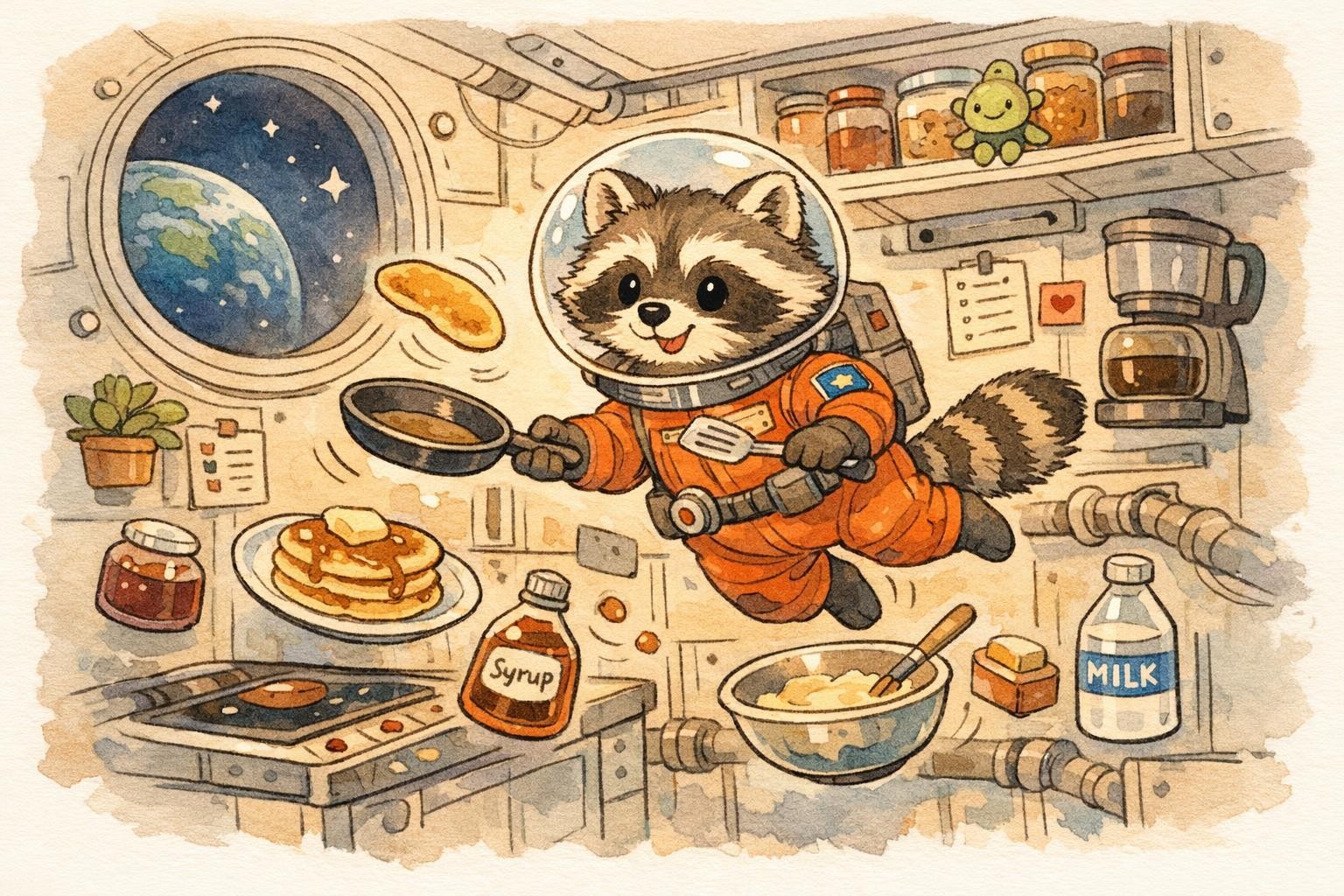 Children book illustration of a raccoon astronaut making pancakes in a space station kitchen
