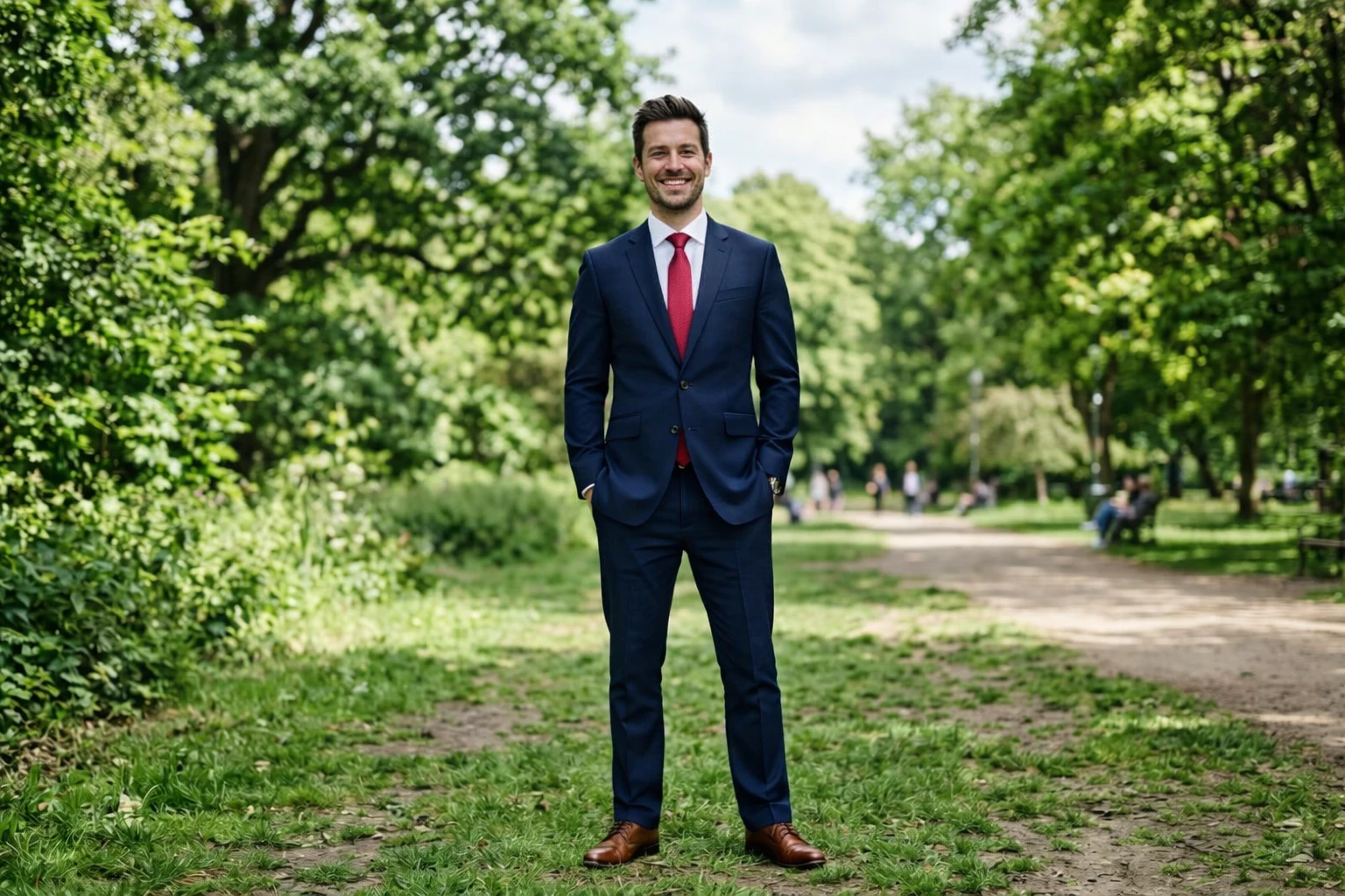 Man in the same outdoor scene now wearing a navy suit and red tie