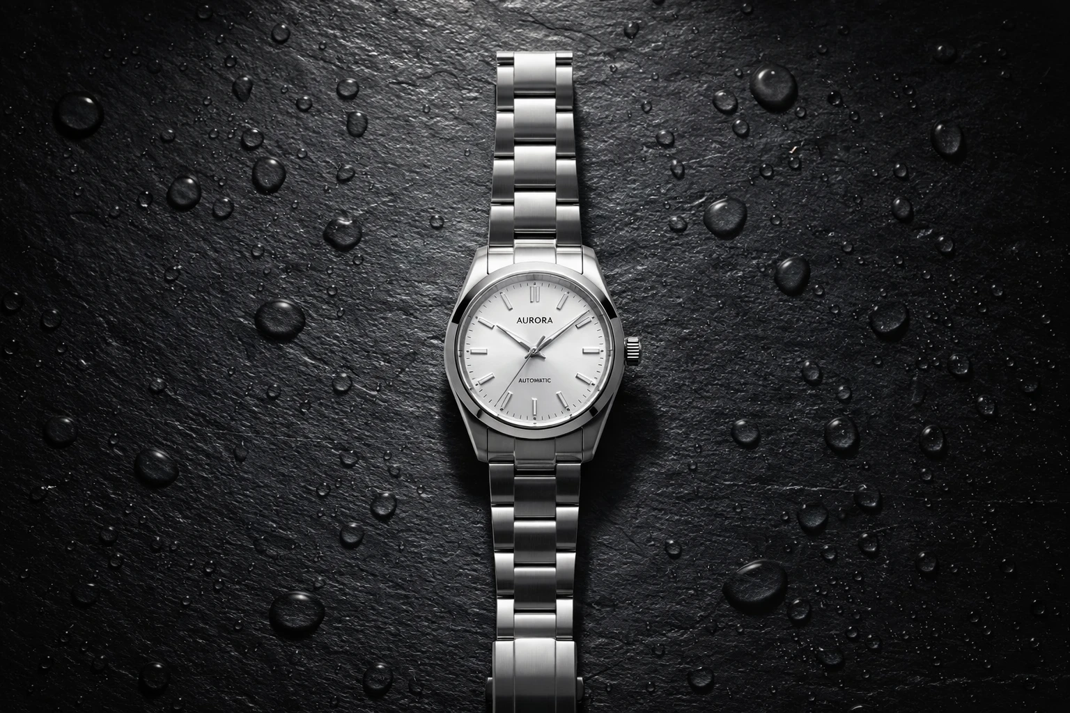 Wristwatch on a dark slate surface with water droplets and dramatic lighting