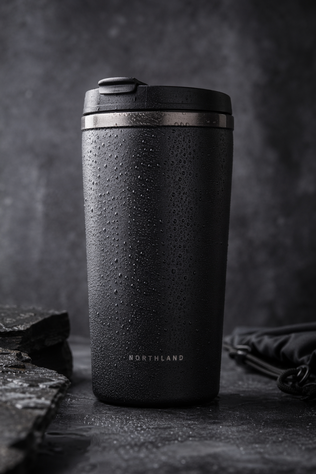 Matte black travel mug on dark slate, condensation beads visible