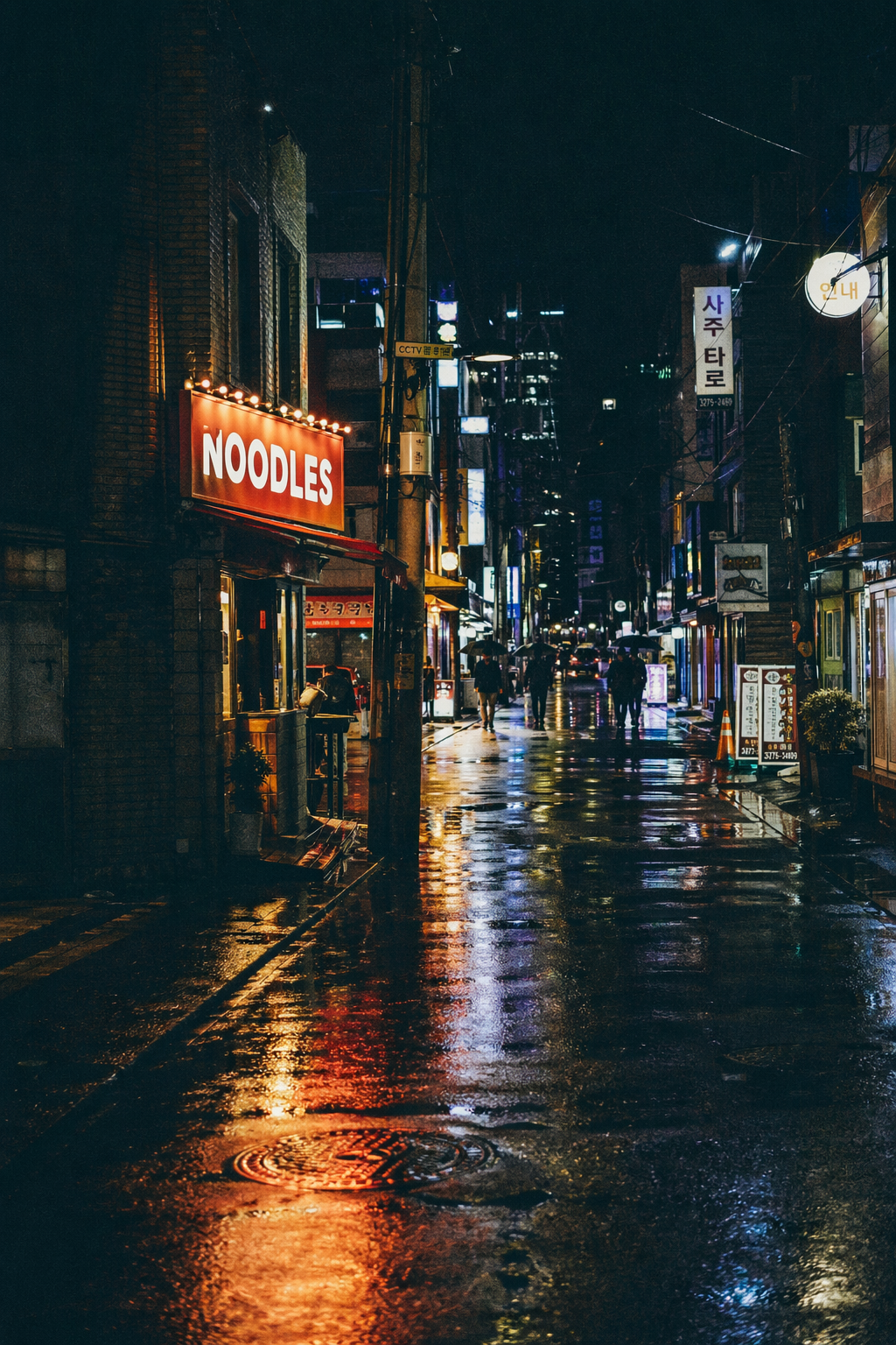 Wet night street with neon sign reading NOODLES