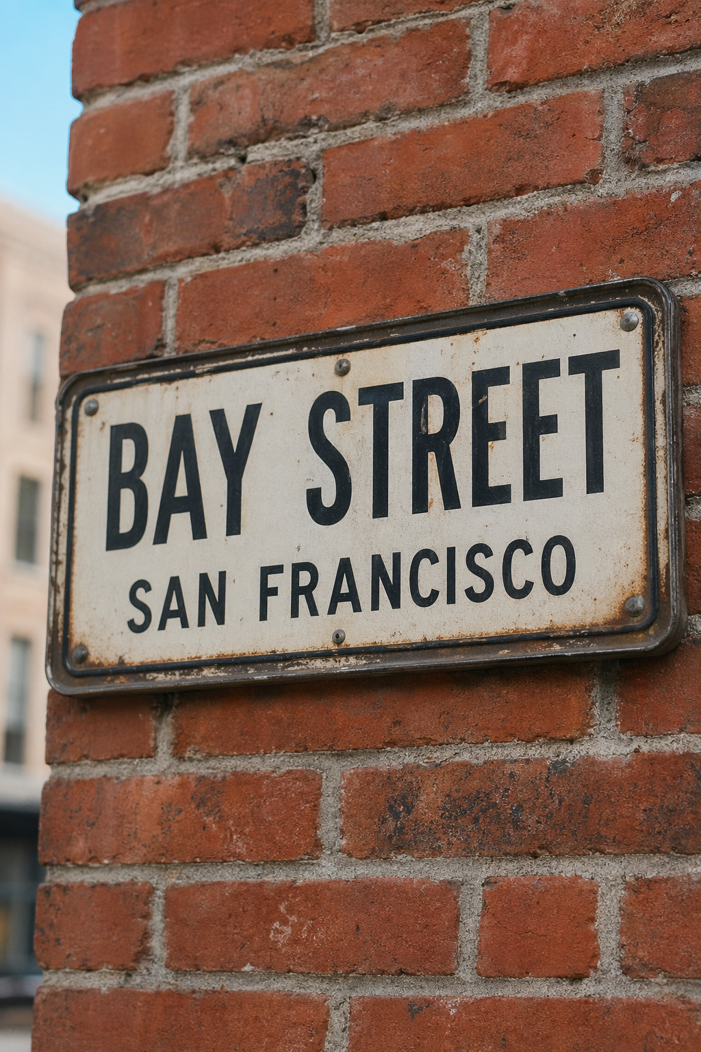 Vintage metal street sign on red brick wall reading BAY STREET / SAN FRANCISCO