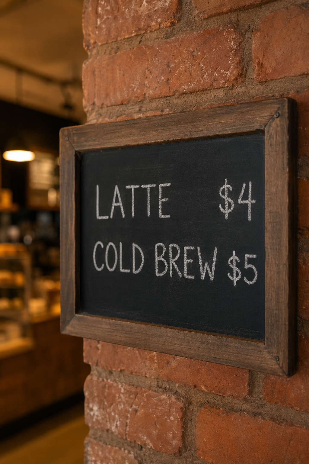 Cafe chalkboard menu reading LATTE $4 and COLD BREW $5