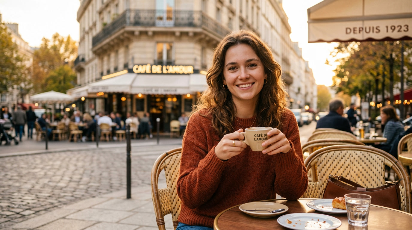 Woman sitting at an outdoor cafe table in a warm-colored sweater