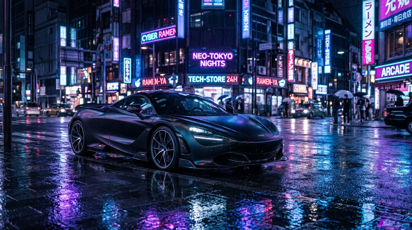 Dark sports car on a neon-lit rainy street