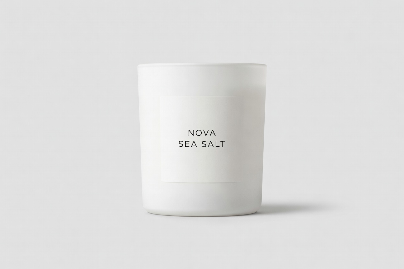 White candle jar on a light gray background with a label that reads NOVA and SEA SALT
