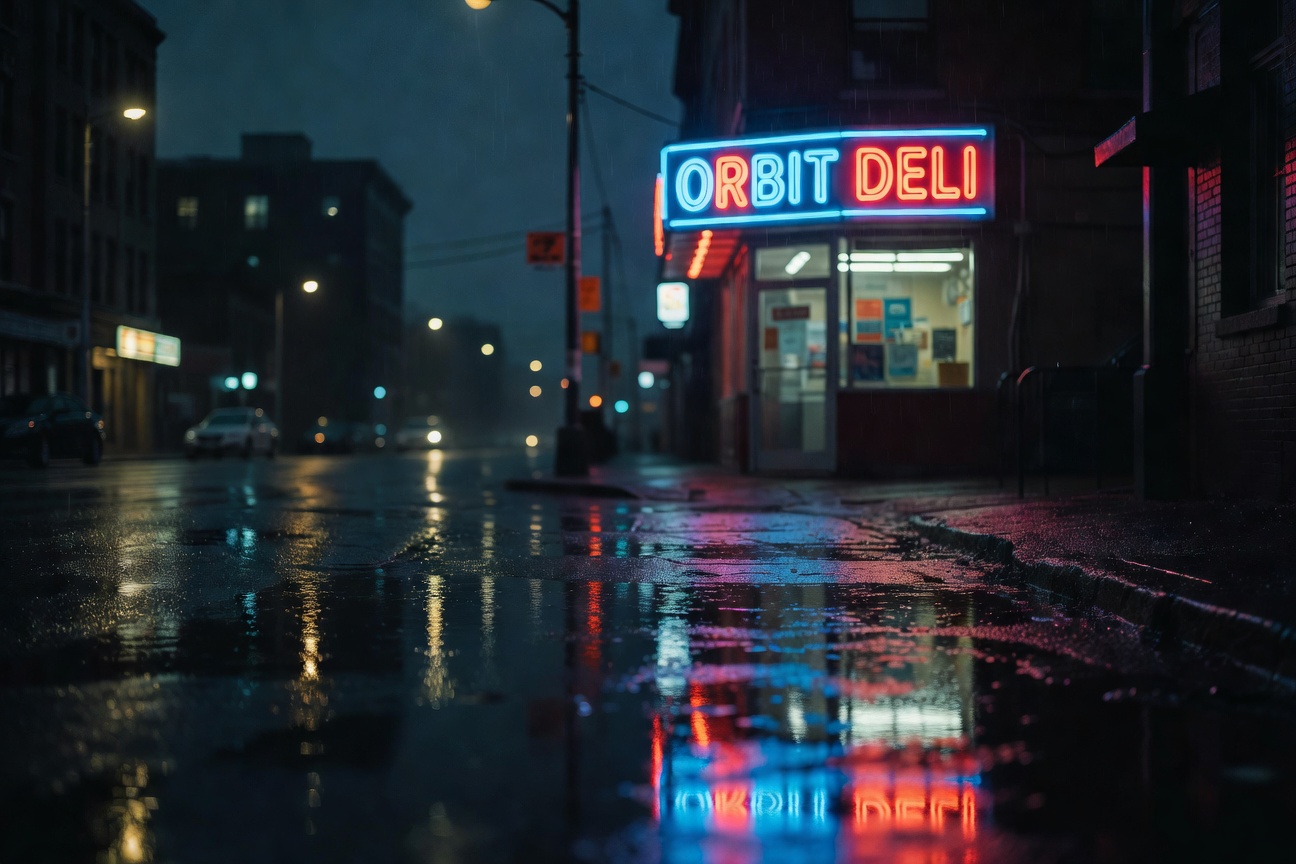 Rainy night street scene with a neon sign that reads ORBIT DELI