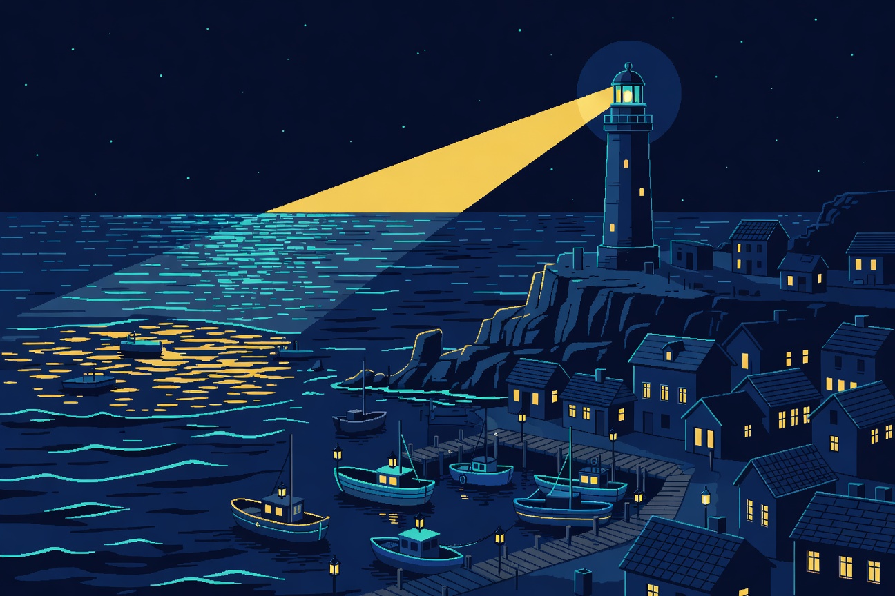 Stylized pixel art harbor at night with a lighthouse beam and small boats
