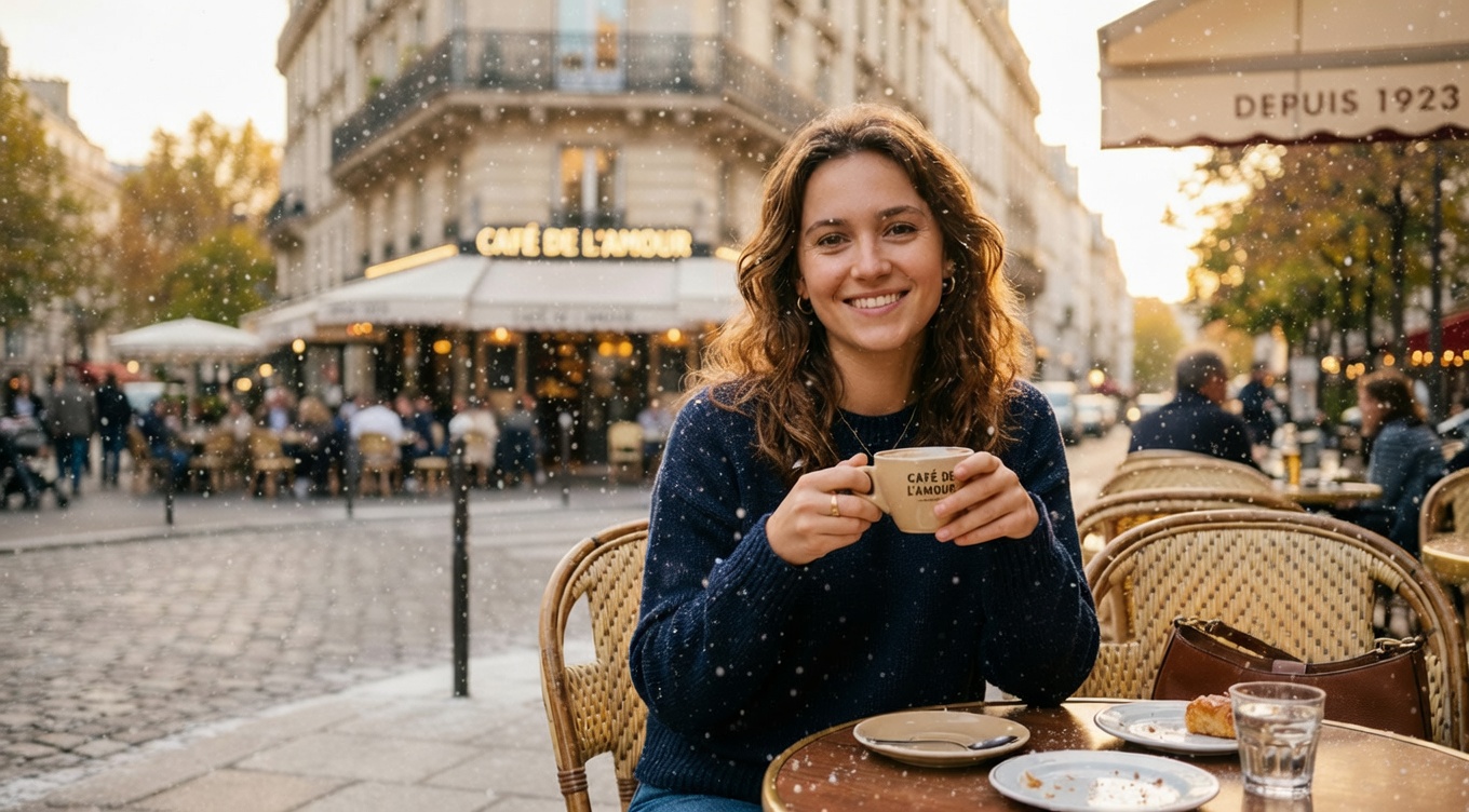 Woman at the same cafe now wearing a navy sweater with soft falling snow