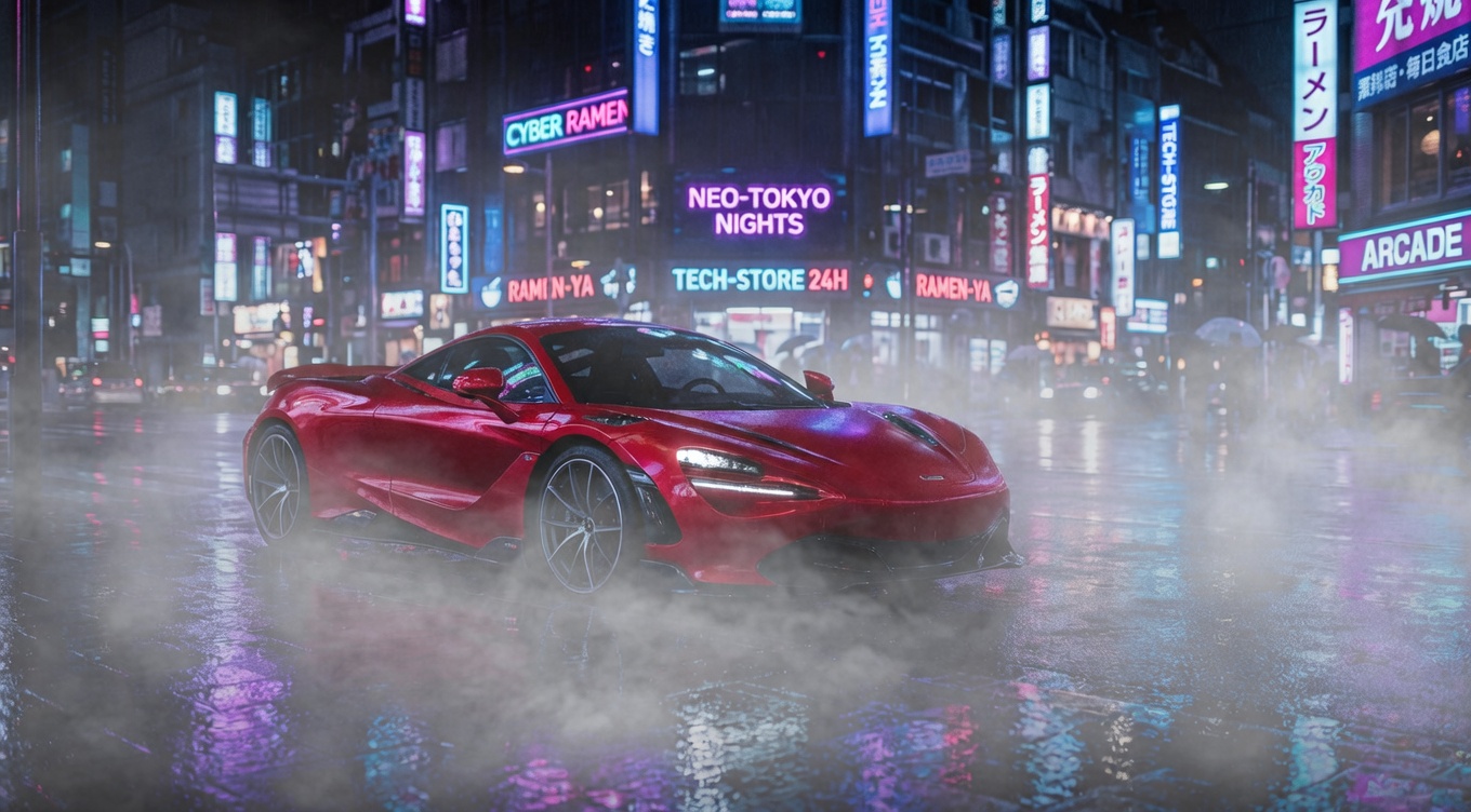 Cherry red sports car on the same neon-lit rainy street with fog on the ground