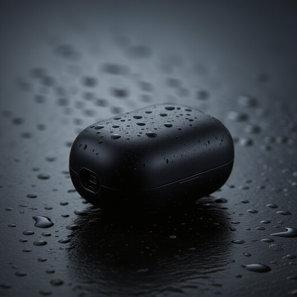 Matte black wireless earbud case on wet dark stone with water droplets