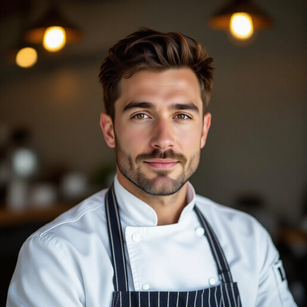 Studio portrait of a chef wearing a white jacket and apron