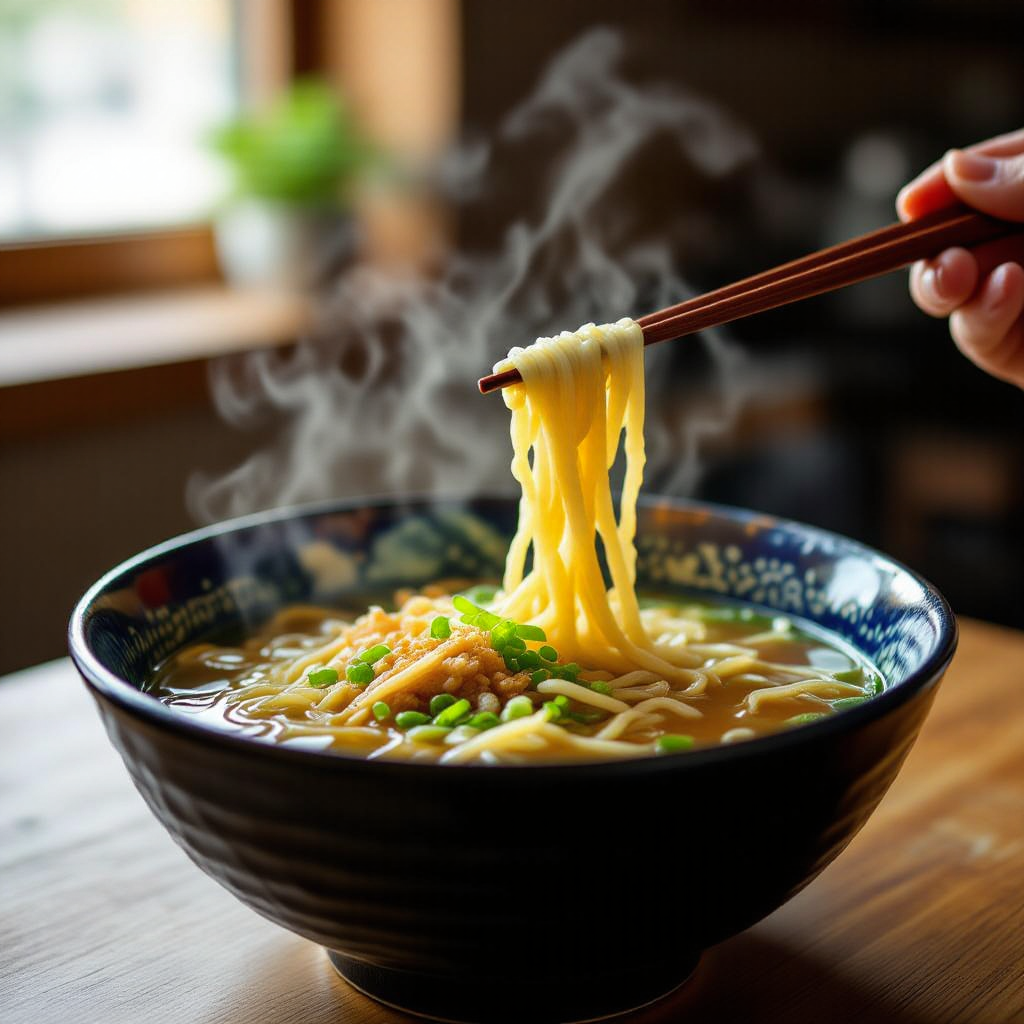 Macro photo of ramen with chopsticks lifting noodles and steam