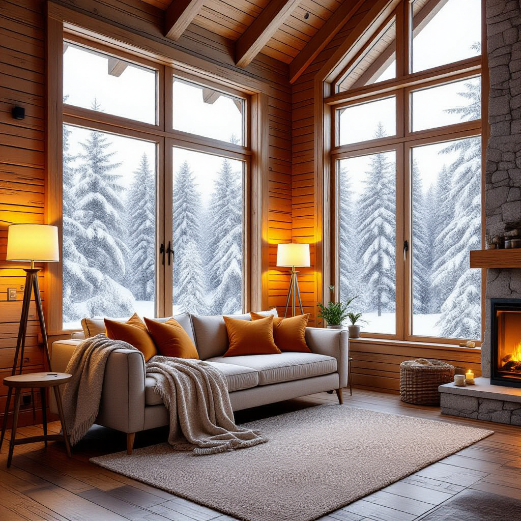 Cozy modern cabin living room with snowy forest outside large windows