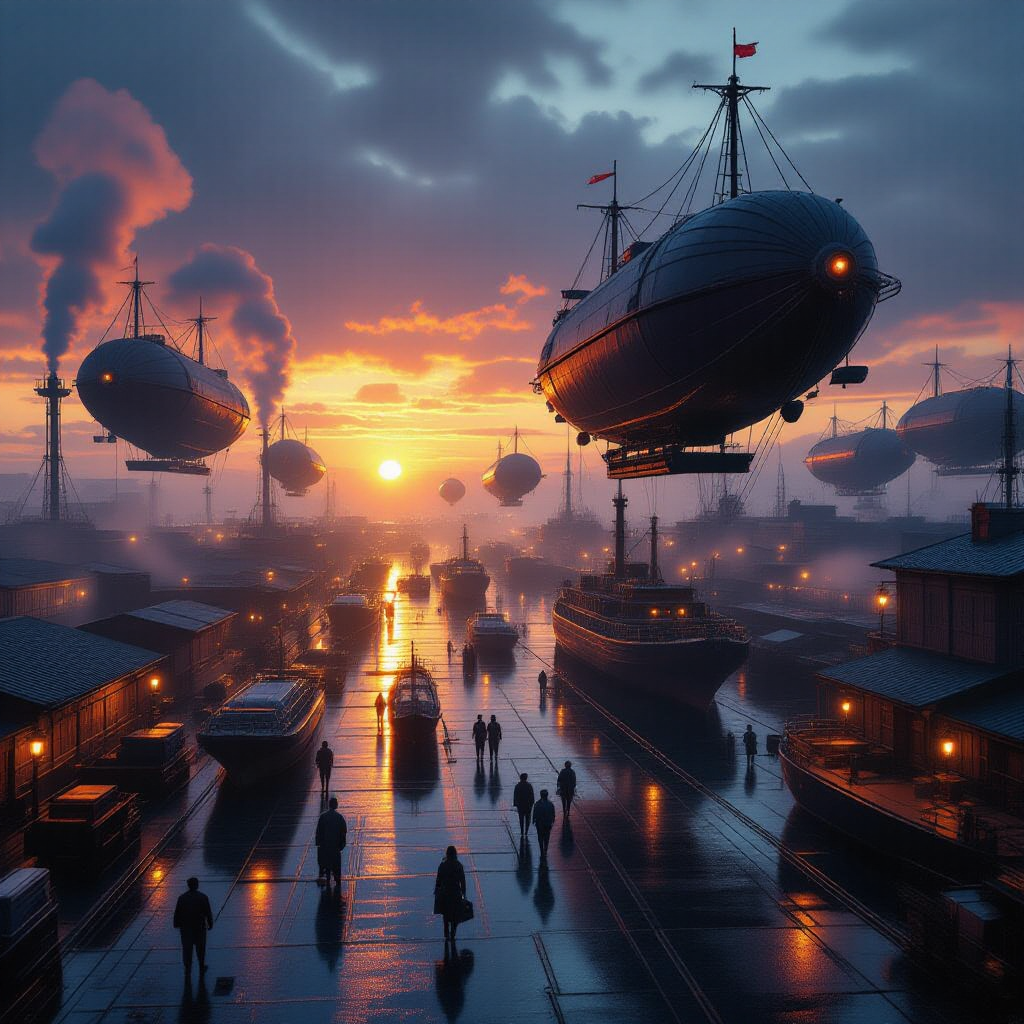 Cinematic harbor at sunset with multiple airships above wet docks