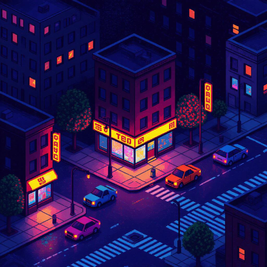 Isometric pixel art city block at night with neon lights and cars