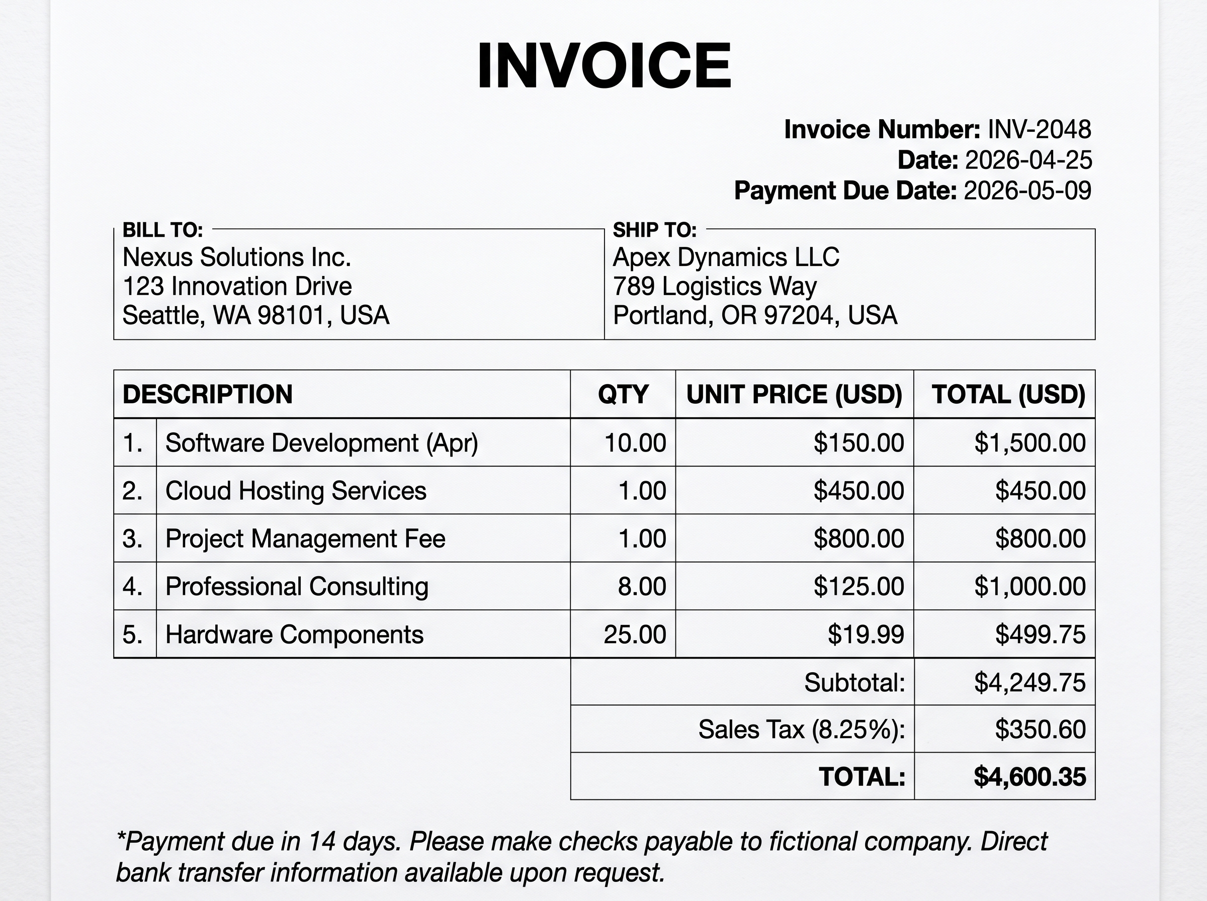 Synthetic invoice document for OCR testing