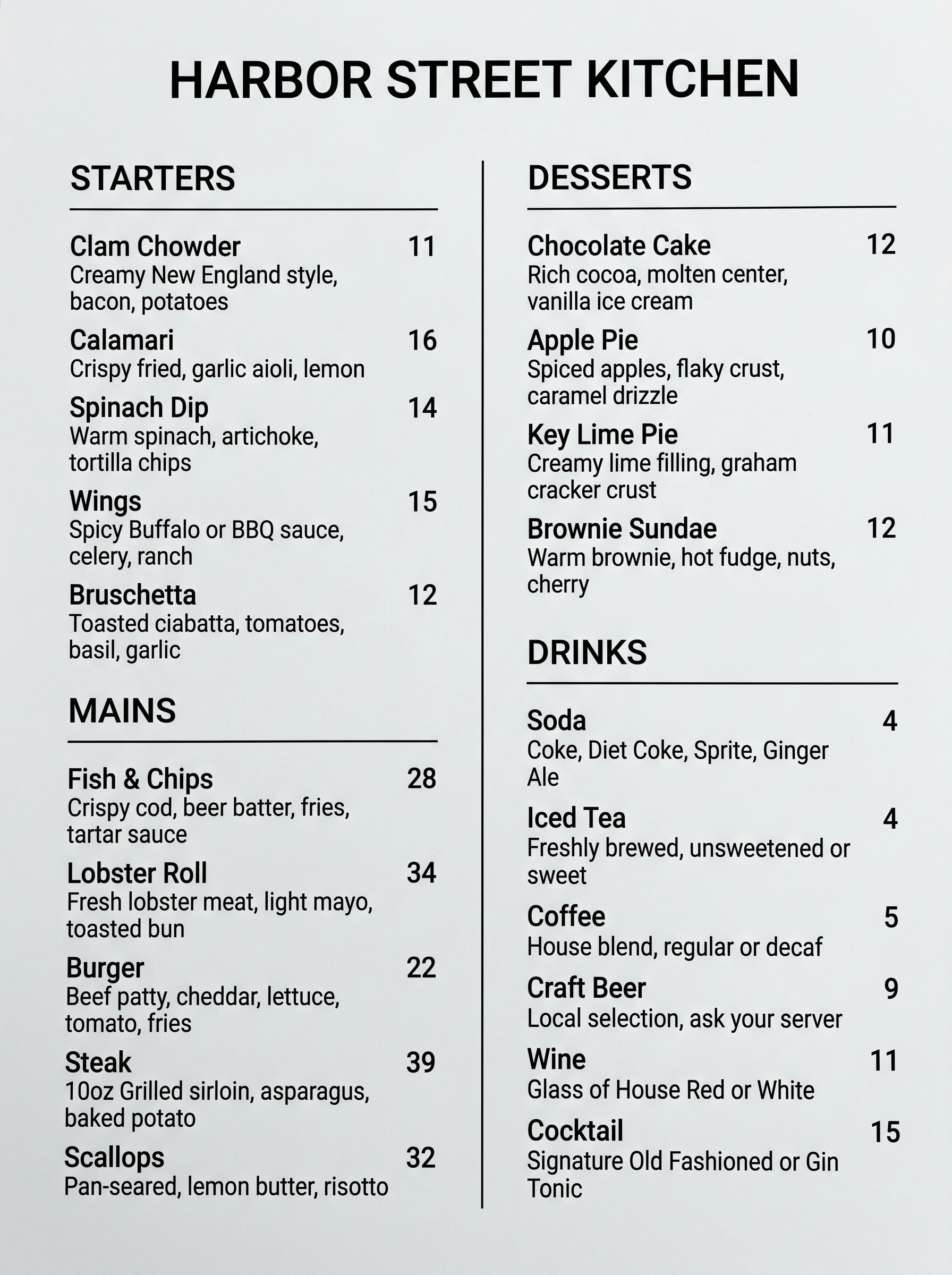 Synthetic restaurant menu document for OCR testing