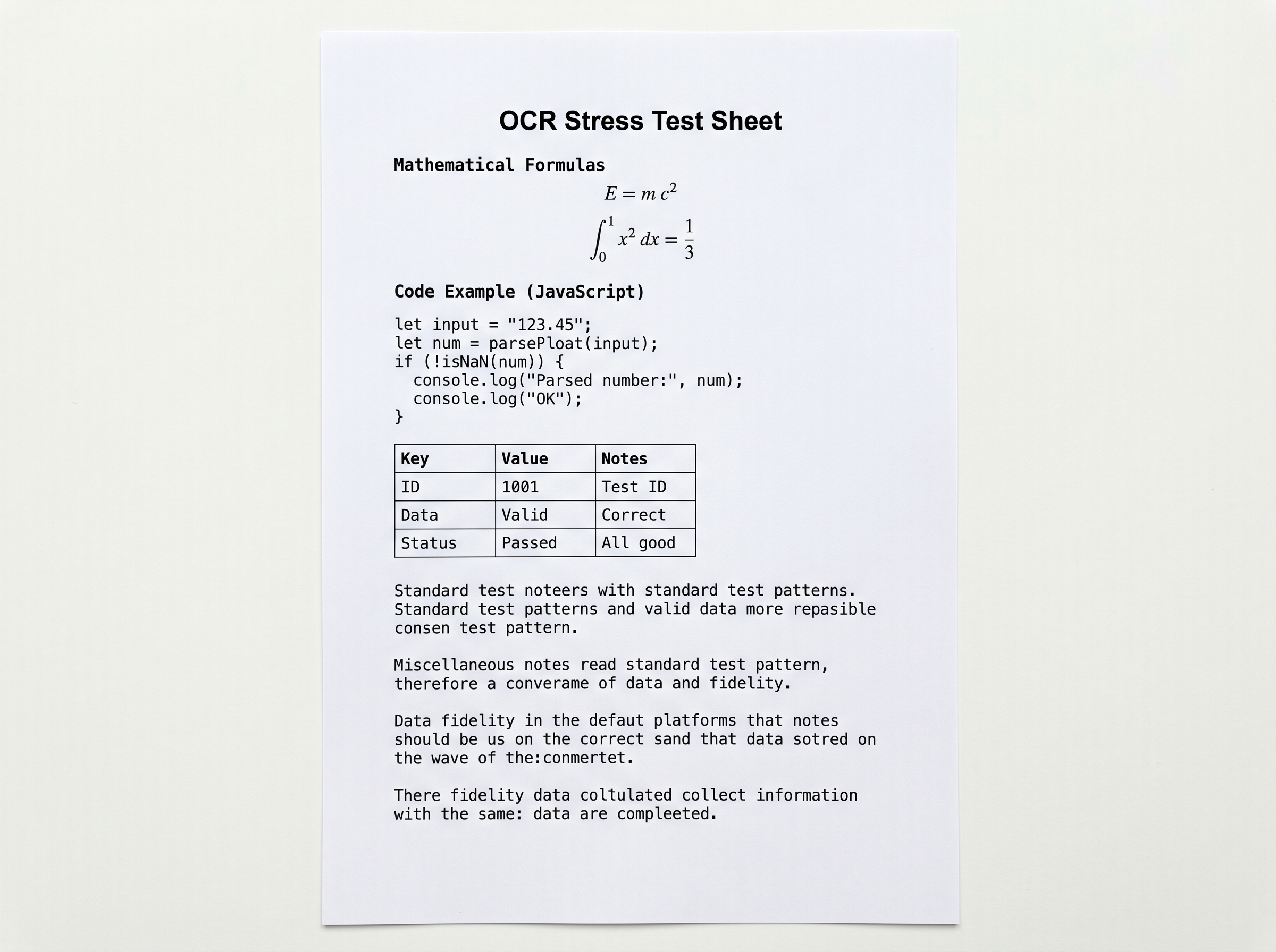 Synthetic technical note with math and code for OCR testing