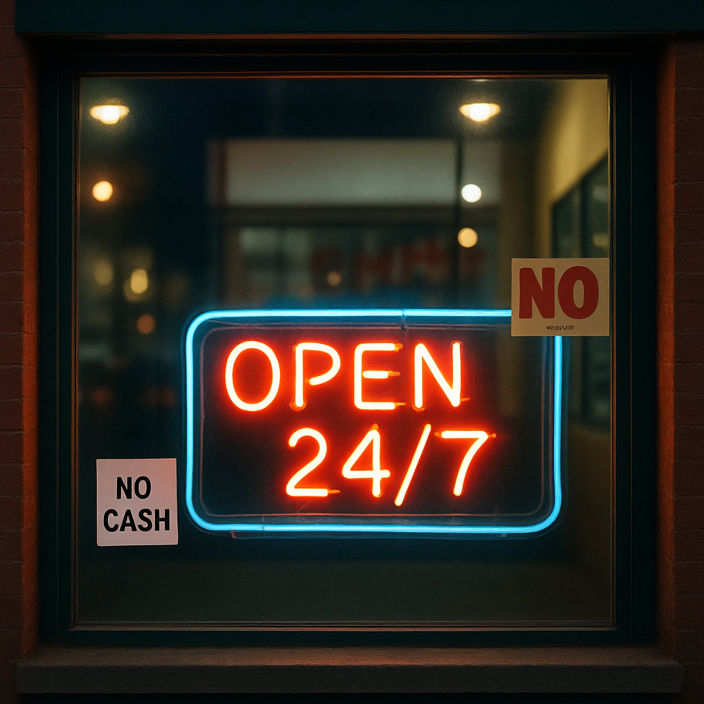 Storefront window with neon OPEN 24/7 and a NO CASH sticker
