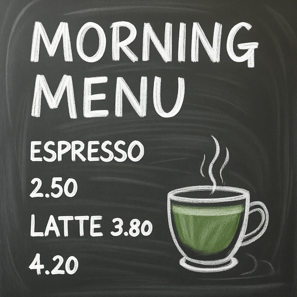 Chalkboard menu titled MORNING MENU with drink items and prices
