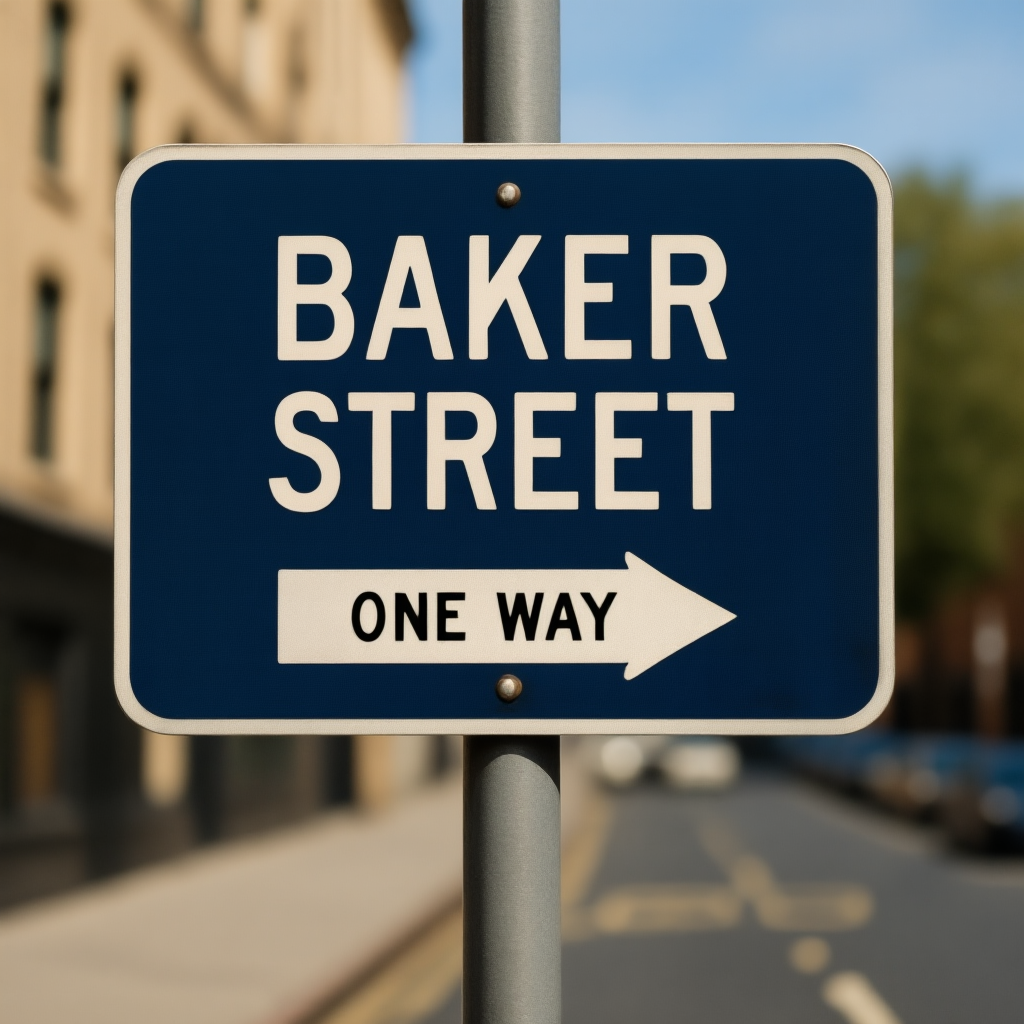 Street sign reading BAKER STREET with ONE WAY arrow