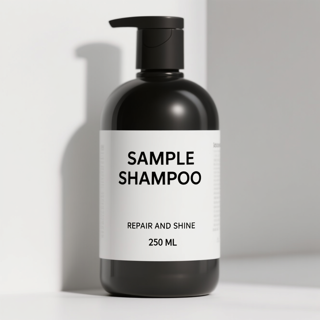 Shampoo bottle with label text SAMPLE SHAMPOO REPAIR AND SHINE 250 ML