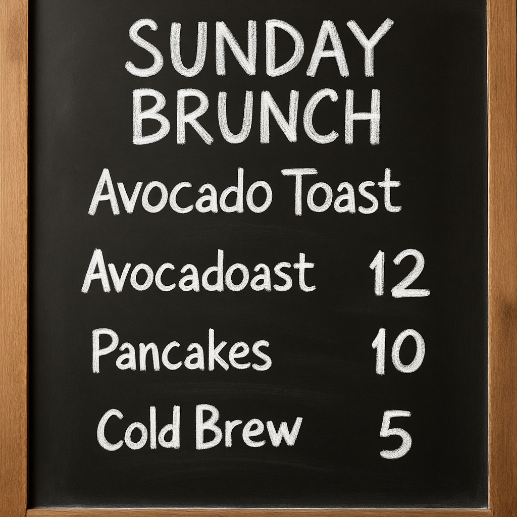 Chalkboard menu reading SUNDAY BRUNCH with three items