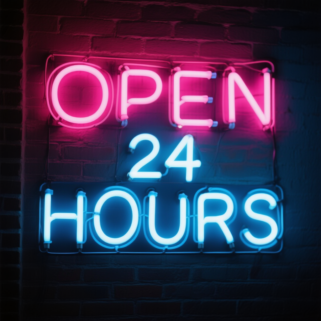 Neon sign reading OPEN 24 HOURS