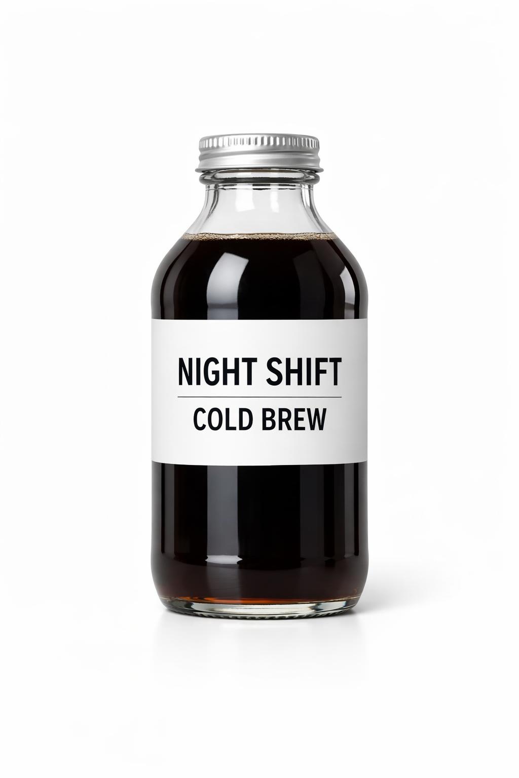 GPT Image 1.5 output of a clean product photo of a cold brew bottle with the label NIGHT SHIFT and COLD BREW