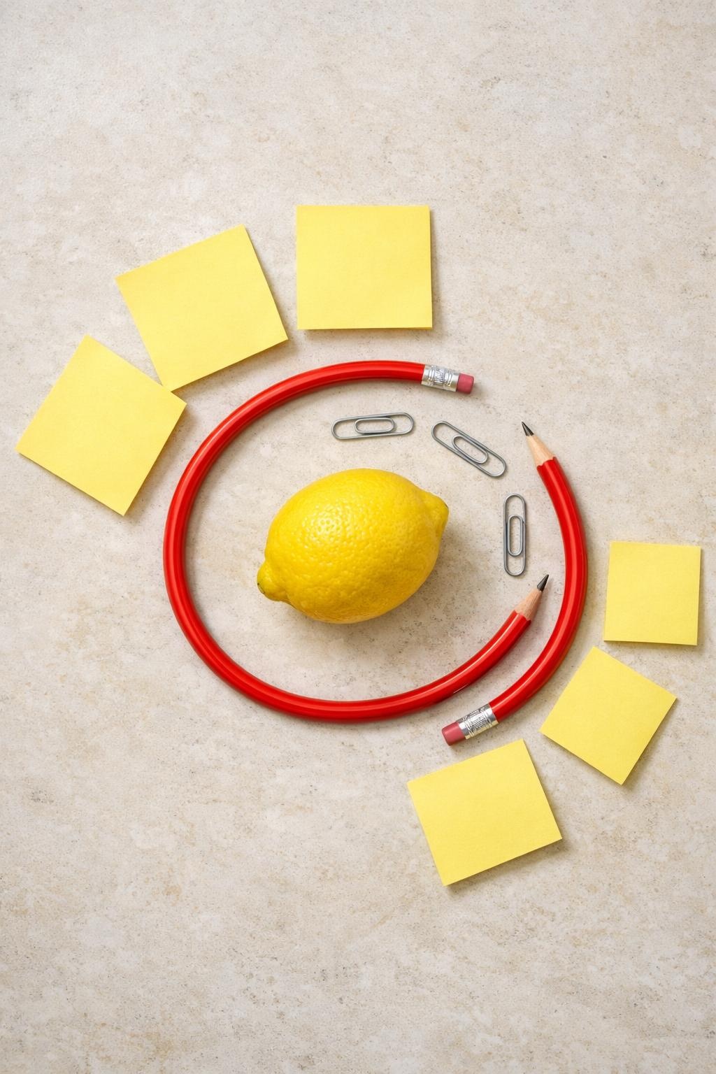 GPT Image 1.5 output of a top-down flat lay with pencils, paper clips, a lemon, and sticky notes in a spiral arrangement