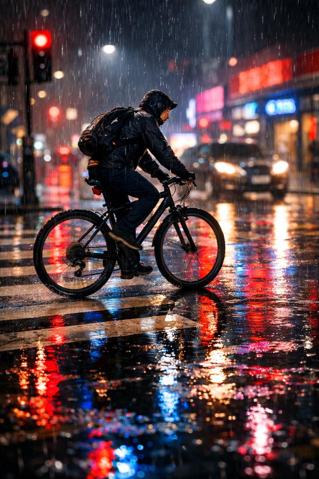 GPT Image 1.5 output of a cyclist in rain at night on a wet street with neon lights