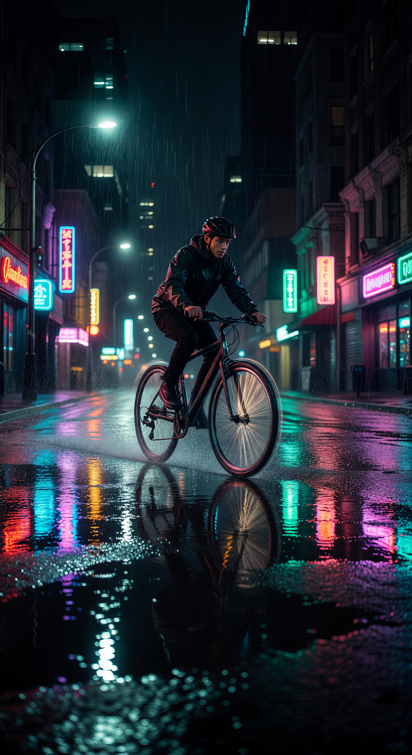 Grok Imagine Image output of a cyclist crossing a rainy neon-lit street at night with reflections in puddles