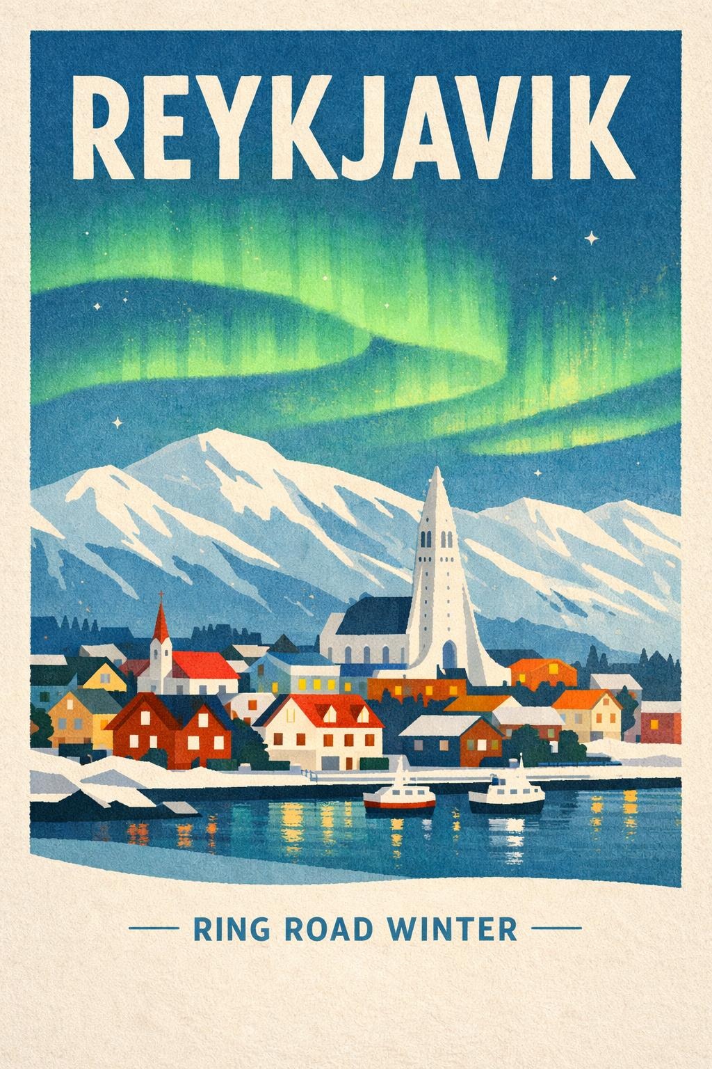GPT Image 1.5 output of a vintage style Reykjavik travel poster with aurora and readable title and tagline