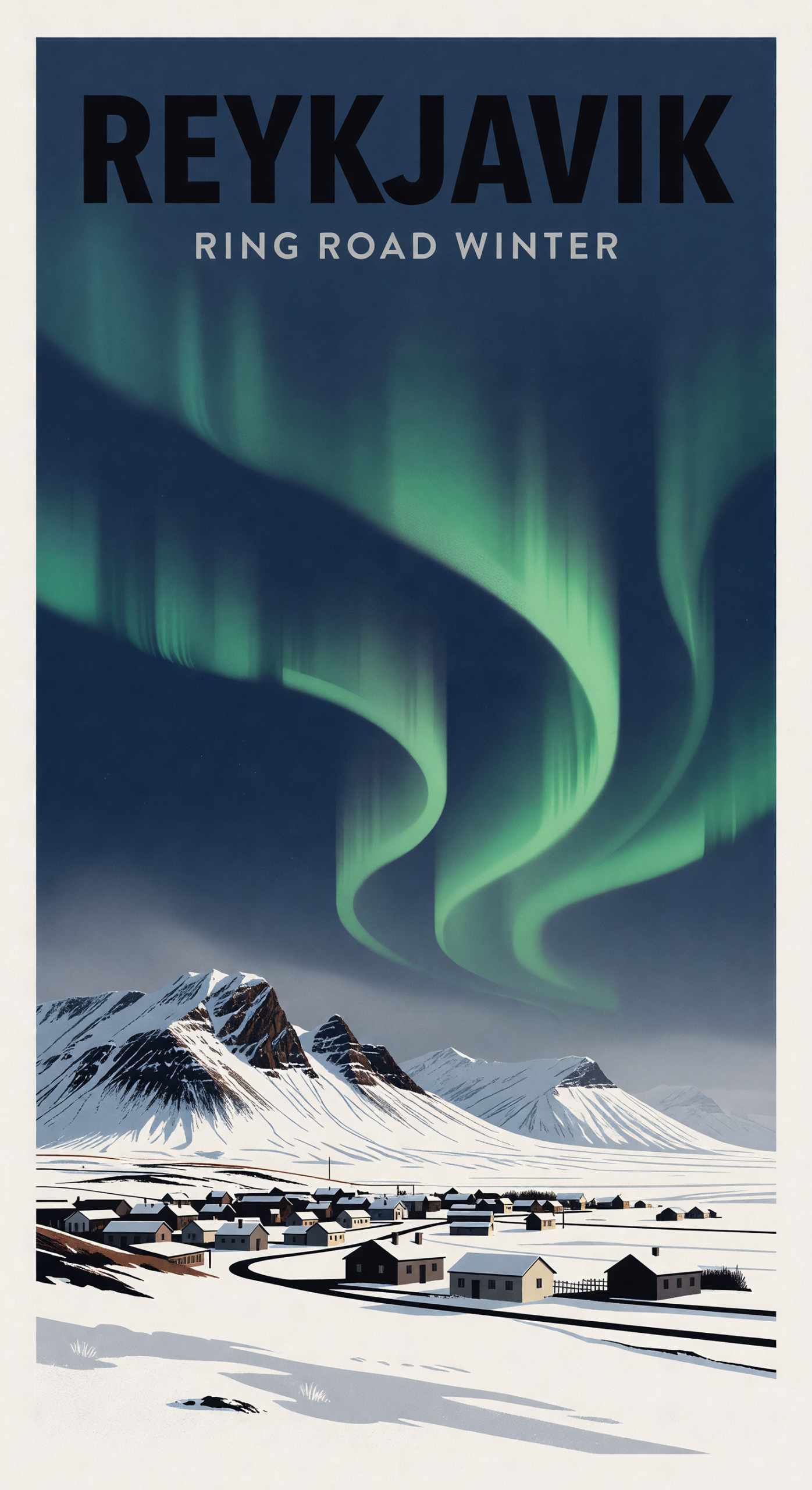 Grok Imagine Image output of a minimalist Reykjavik travel poster with aurora and the text REYKJAVIK and RING ROAD WINTER
