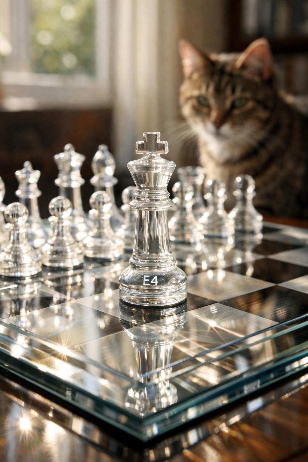 GPT Image 1.5 output of a close-up glass chess set with a cat watching and a visible E4 engraving