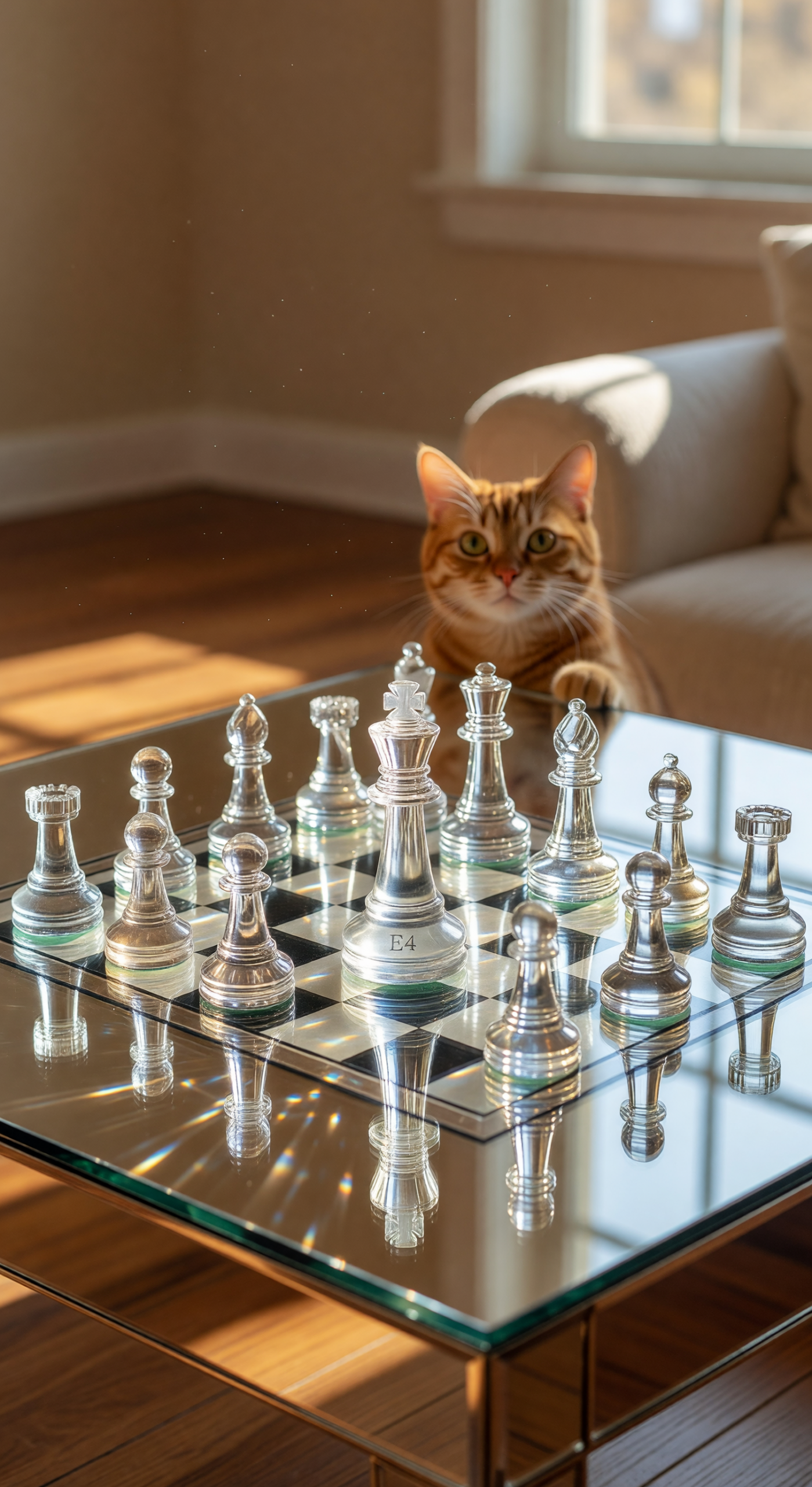 Grok Imagine Image output of a glass chess set on a mirrored table with a cat in the background and an E4 engraving on the king