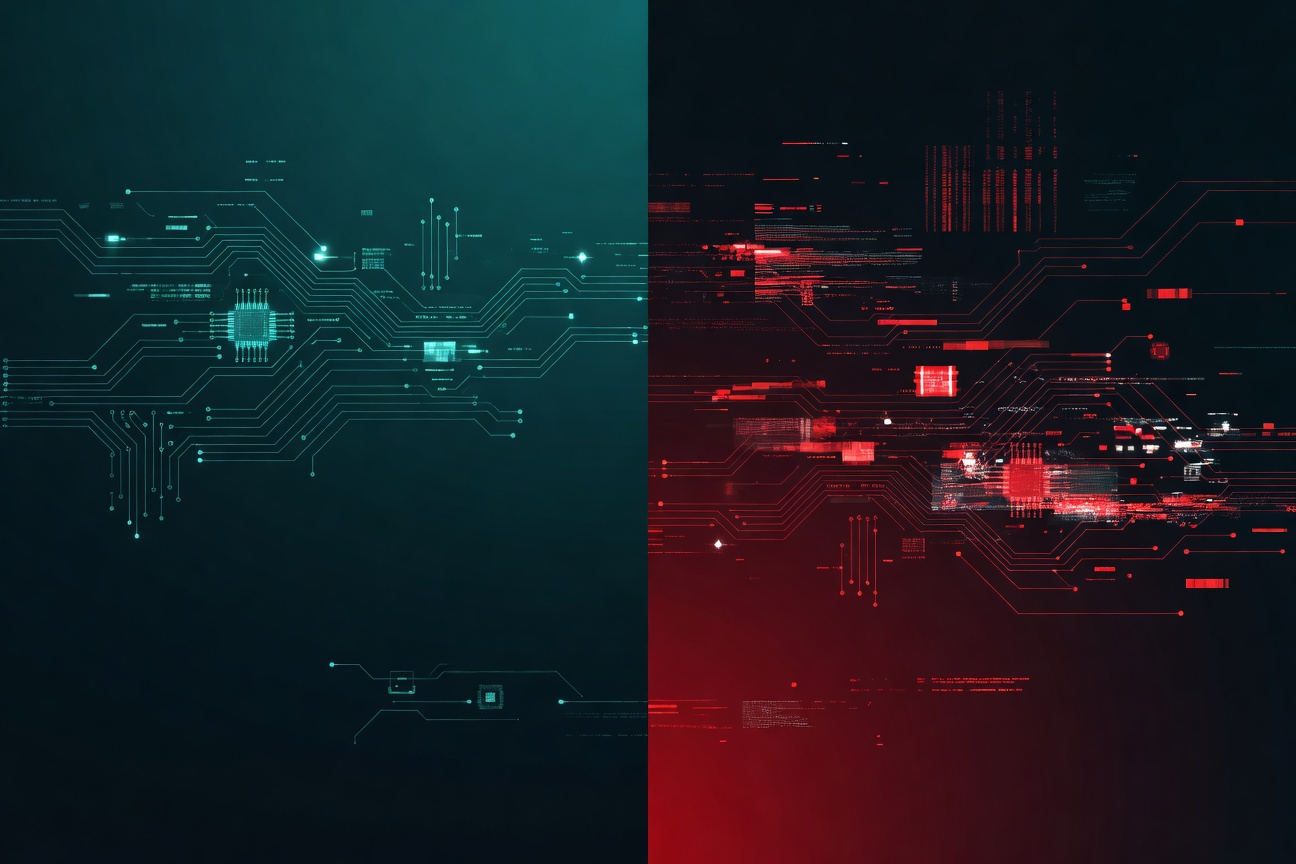 Abstract split tech background with teal circuit patterns on the left and red glitch texture on the right