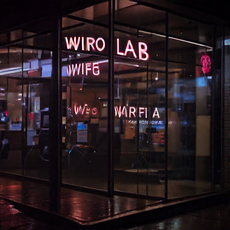 Neon sign text rendering test on a rainy street